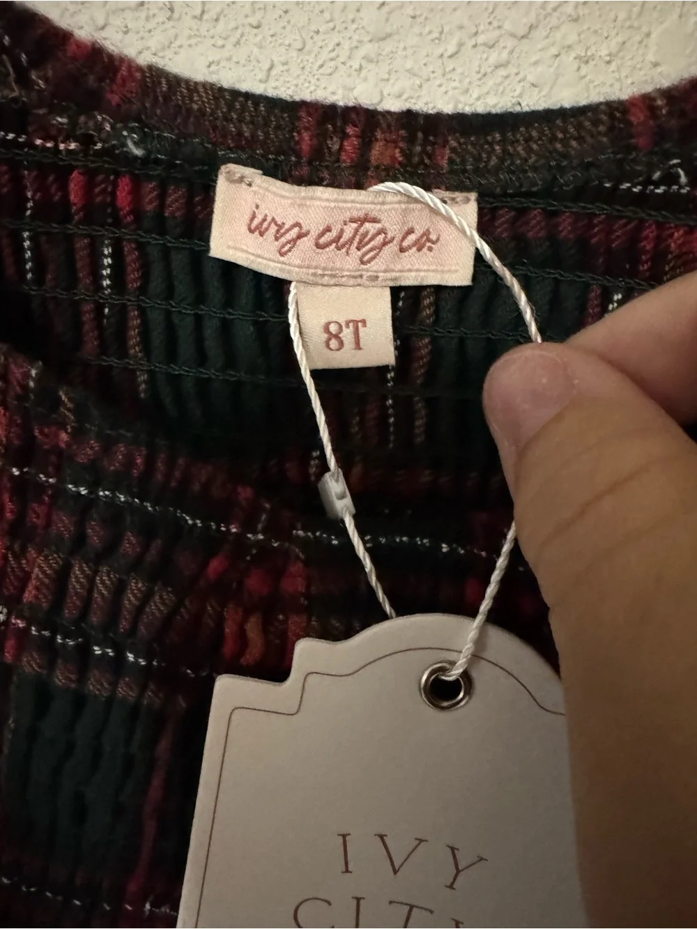Ivy City Co Girls Plaid Blouse in Dark Green and Red